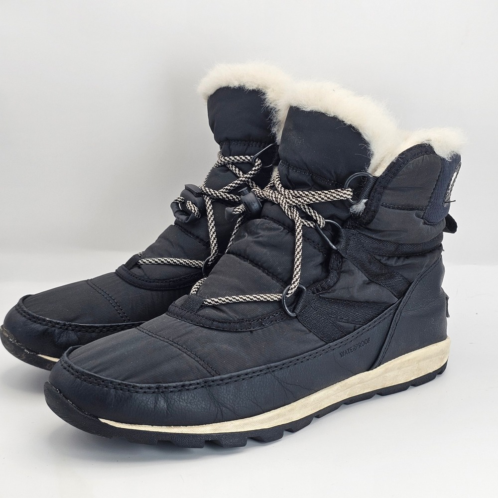 Sorel Whitney Short Lace Waterproof Winter Boots Black Faux Fur NY1897011 Size 7
